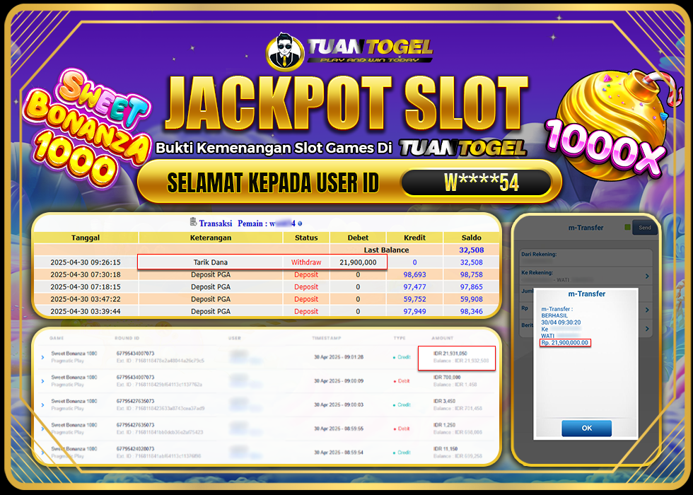 TUANTOGEL JACKPOT SLOT SWEET BONANZA 1000 Rp21.900.000